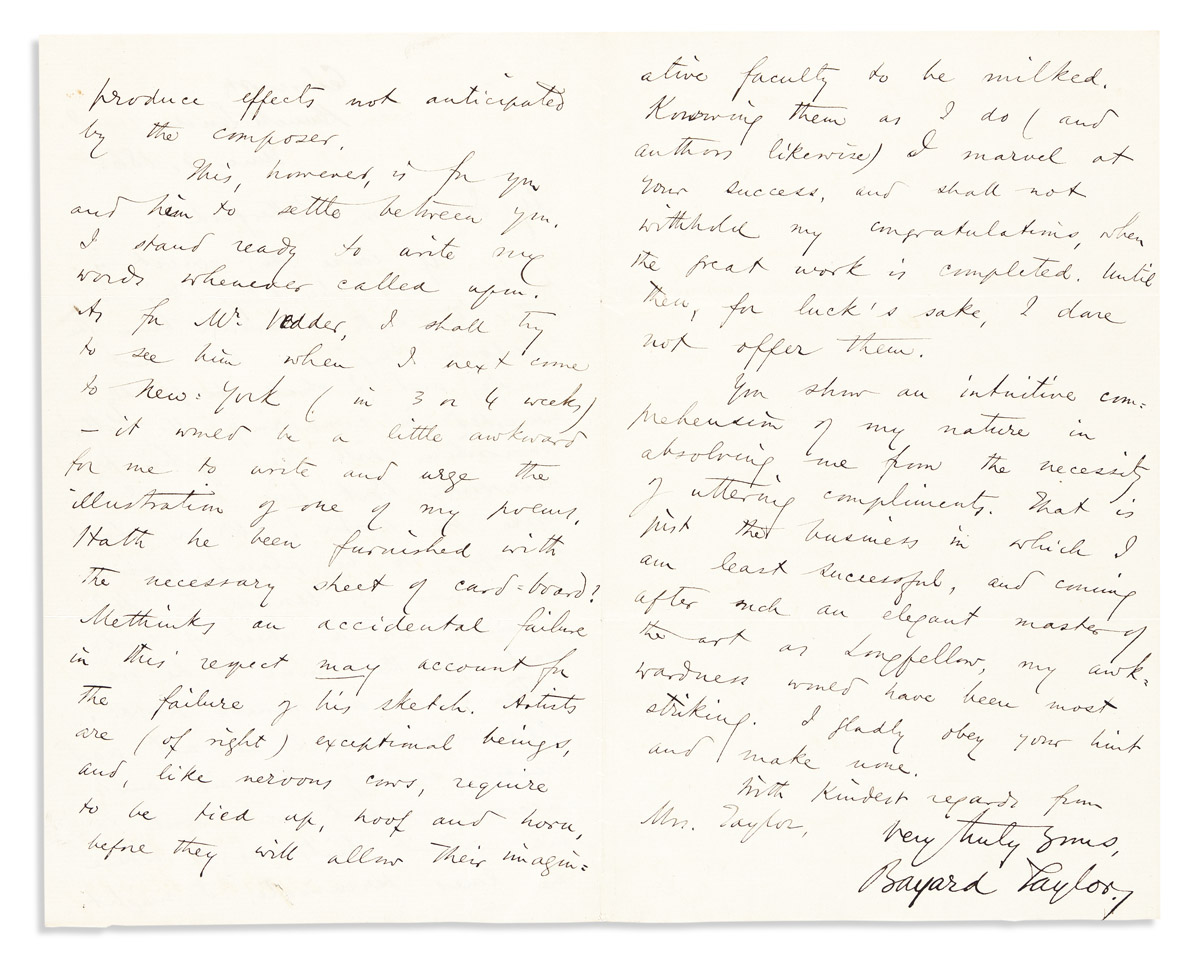 TAYLOR, BAYARD. Two Autograph Letters Signed, to Margaret Stuyvesant Rutherfurd,